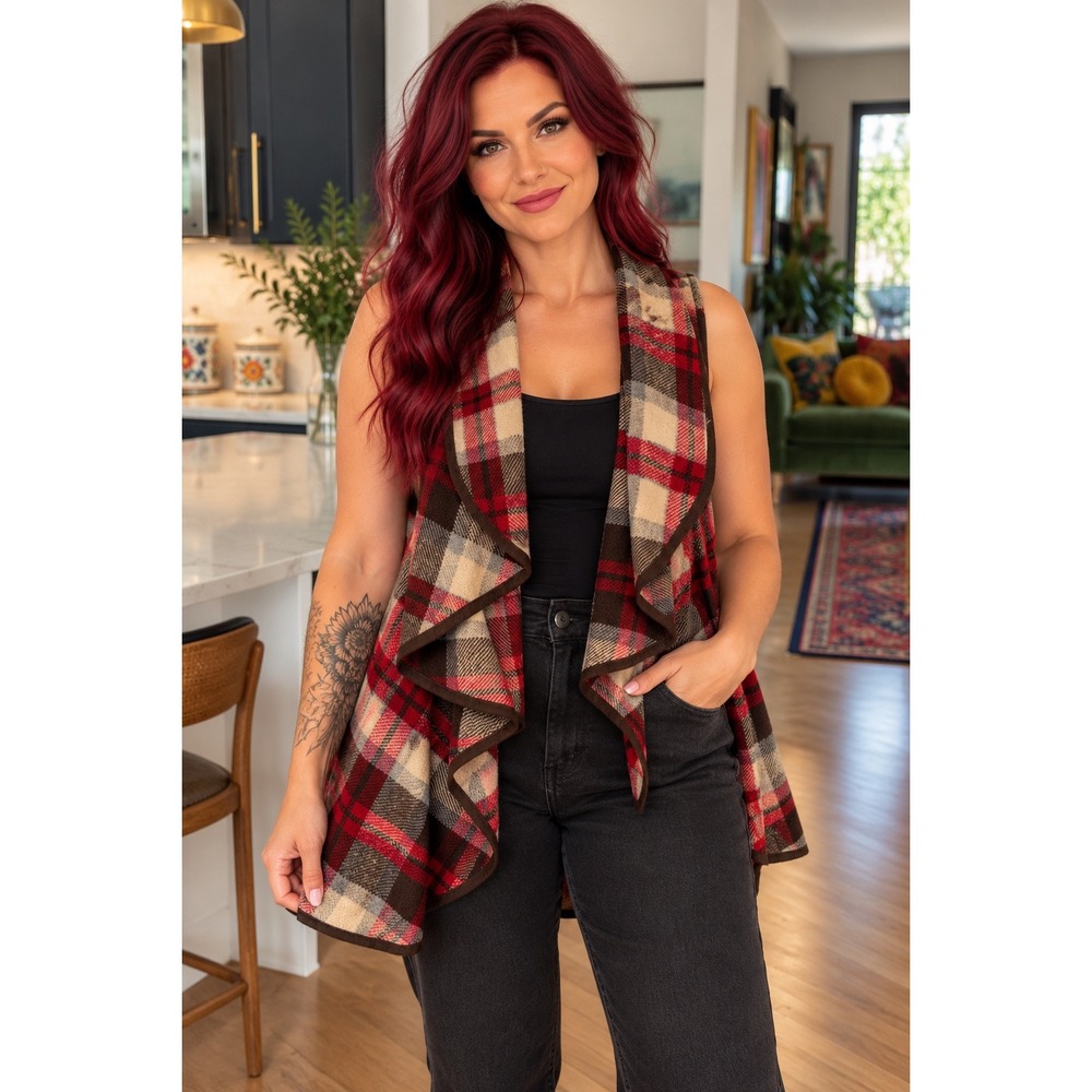 Altar'd State Plaid Waterfall Draped Open Front Vest Red Brown S Western Boho